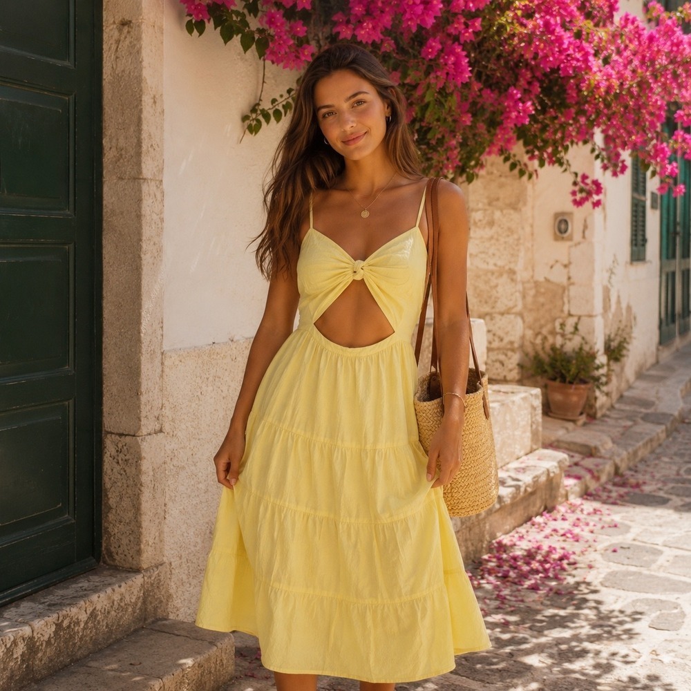 Charlotte Russe Midi Dress Womens XL Yellow‎ Cutout Tiered Cotton Sun Dress Boho